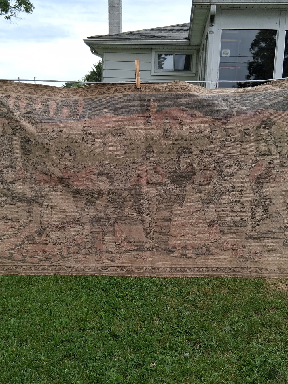 Woven Tapestry Wall Hanging Vintage Scene in Beige and Brown